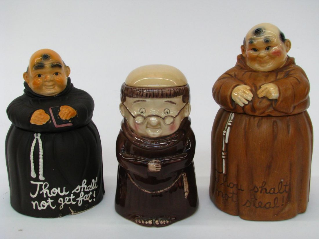 Group of Porcelain Monk Cookie Jars: Group of Porcelain Monk Cookie Jars, depicting monk in robes, "Thou shalt not steal" written on base, monk with bible, "Thou shalt not get fat" written on base, Weiss "Friar Chucky", bald head lid, 9"