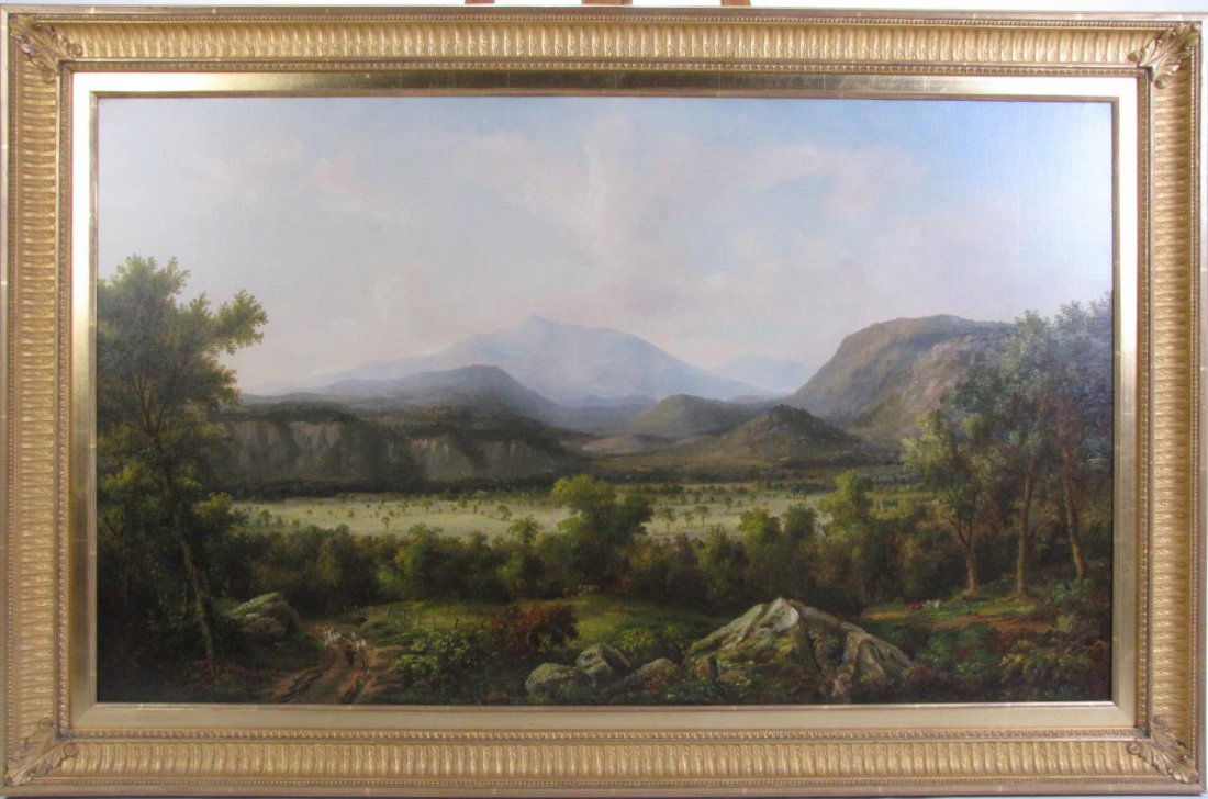 J.W. A. Scott 30x50 O/C Mt. Washington: John White Allen Scott (MA, 1815-1907) 30x50 , O/C , verso , Mt. Washington, Depicting: White Mountains from Conway, NH, signed and dated lower middle right; Inscribed: on stretcher verso , Titled tit