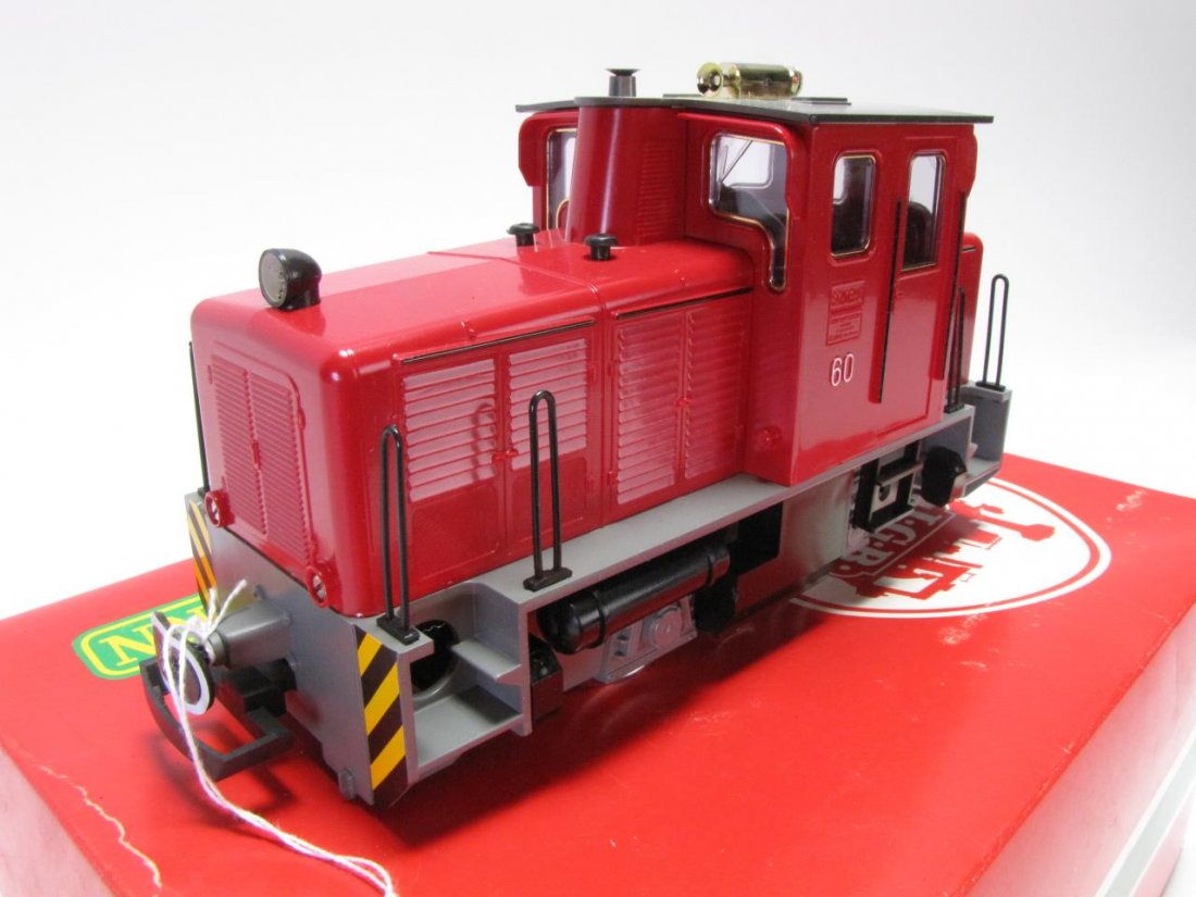 LGB G Scale #2060H Schoema Diesel Loco with Horn: LGB G Scale #2060H Diesel Locomotive with Horn , red in color, #60 and "Schoema" on sides, measuring 10" in length, with original box