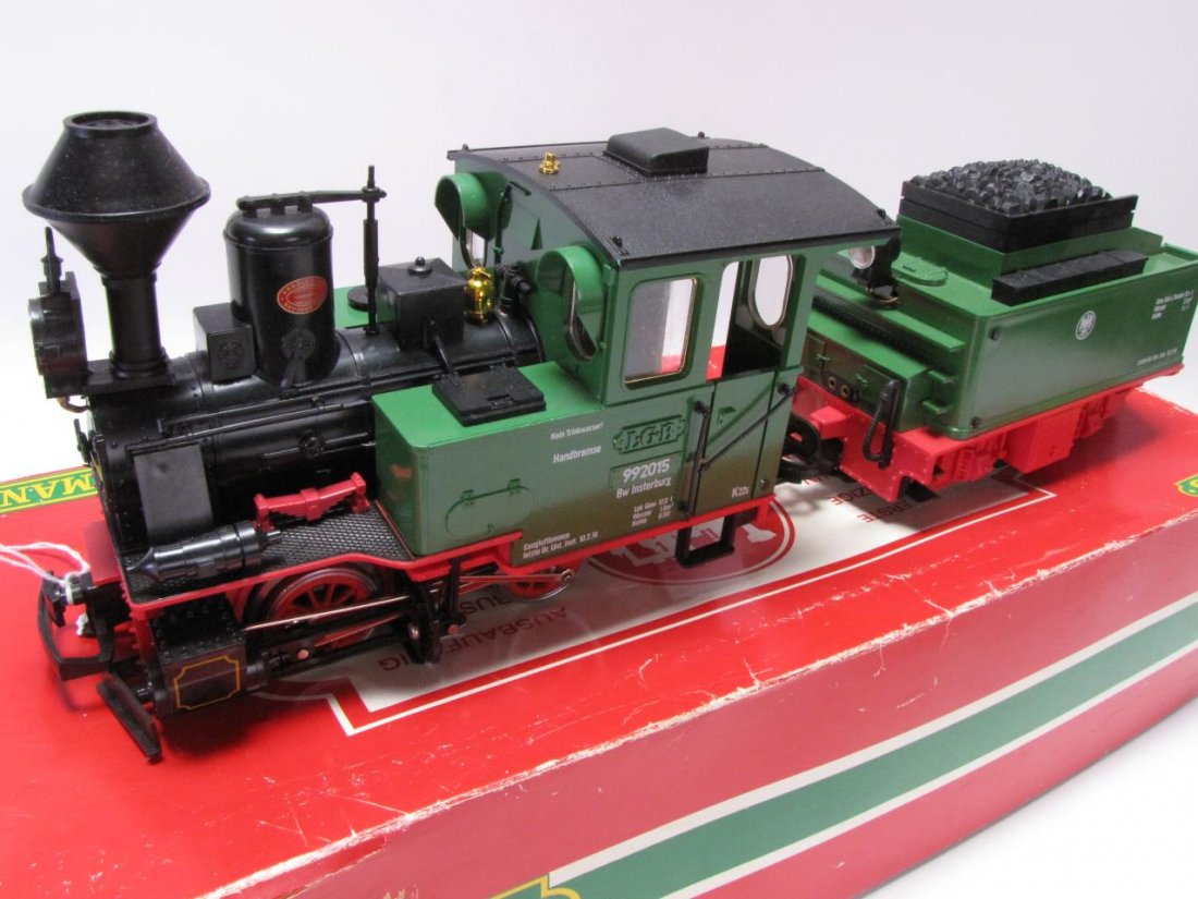 LGB G Scale #2015 Green Locomotive w/ Coal Tender: LGB G Scale #2015 Green Locomotive with Motorized Tender, locomotive measuring 10" in length, tender measuring 8" in length, (with non-original box for 2016)