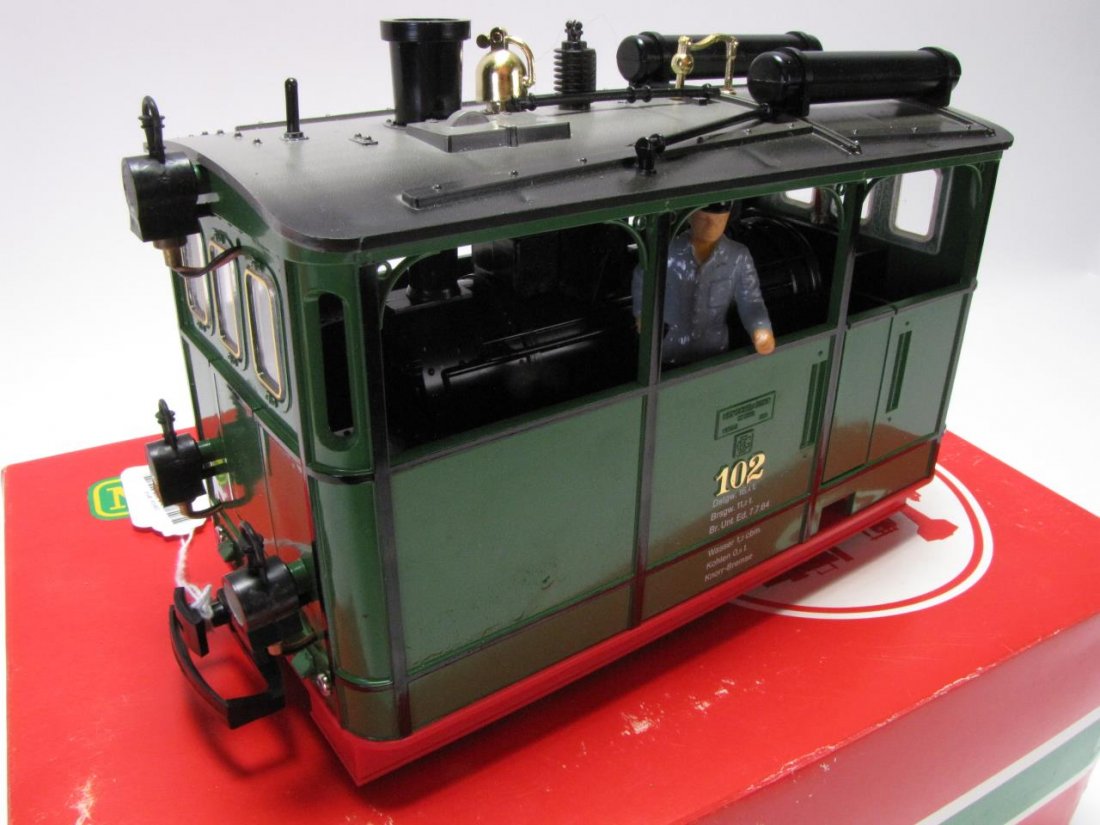 LGB G Scale #2050 Elias Steam Locomotive: LGB G Scale #2050 Elias Steam Locomotive, with three lights in front, #102 on sides, "Henschel & Sohn Cassel" on sides, measuring 9" in length, with original box