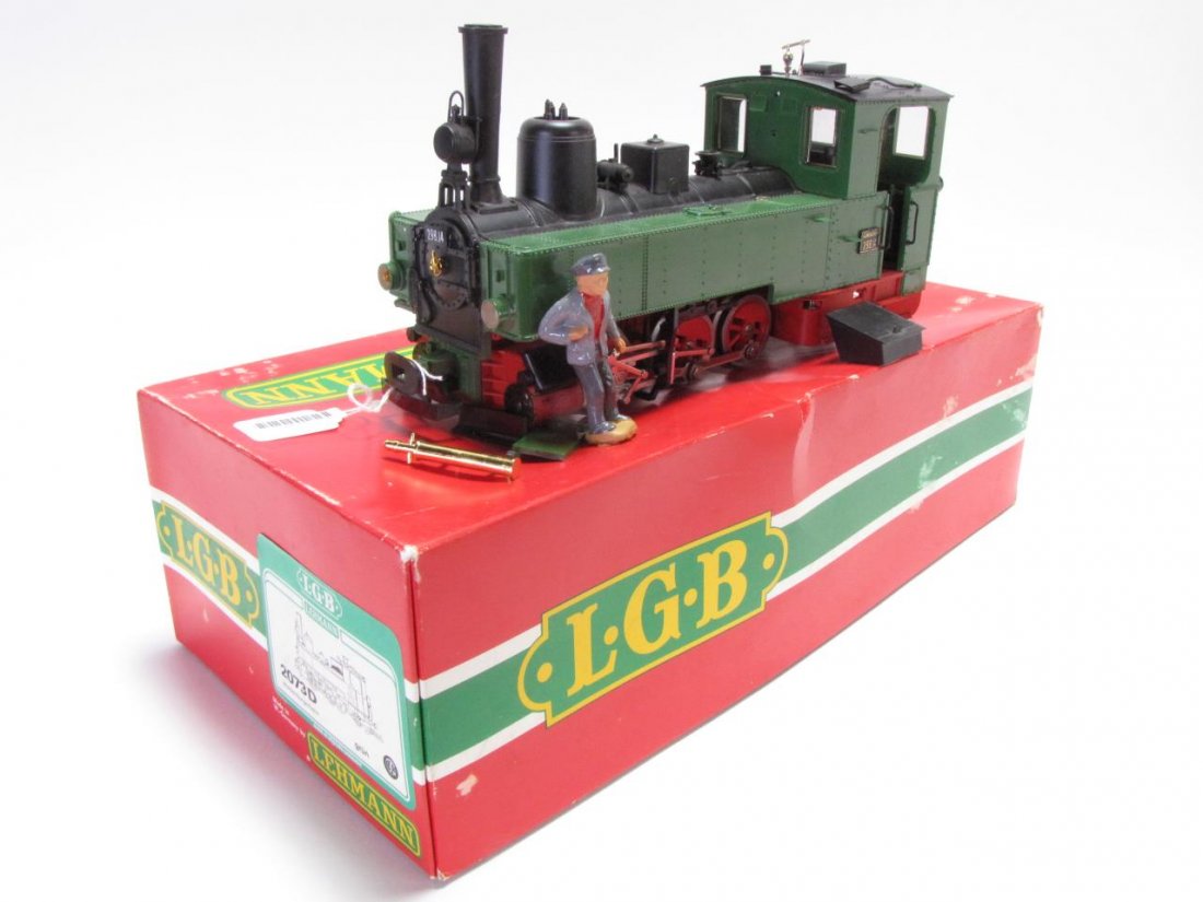 LGB G Scale #2073D Green Steam Locomotive: LGB G Scale #2073D Green Steam Locomotive, with two headlights, two taillights, and one light inside cab, badge on one side only, "Eurovapor", #298.14" on one side, measuring 13" in length, with origi
