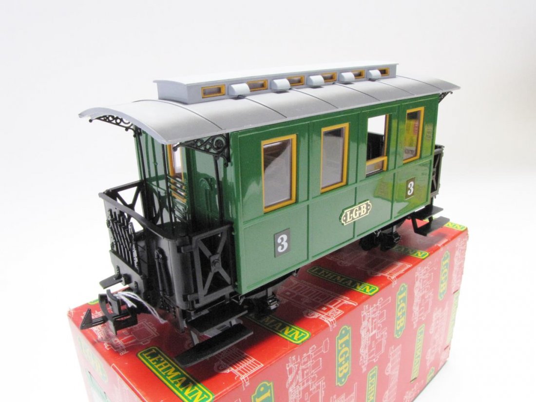 LGB G Scale #3010 4-Wheel Passenger Car: LGB G Scale #3010 4-Wheel Passenger Car, green in color, with #3 on the sides, measuring 11" in length, with original box