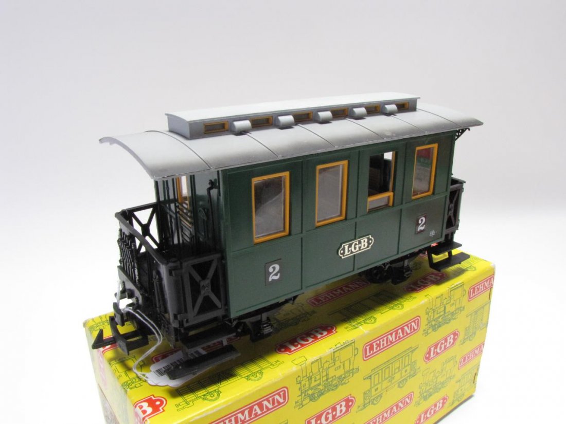 LGB G Scale #3010 4-Wheel Passenger Car: LGB G Scale #3010 4-Wheel Passenger Car, green in color, with #2 on the sides, with one LED light, broken train-to-train connector on one end, piece included in box, measuring 11" in length, with orig
