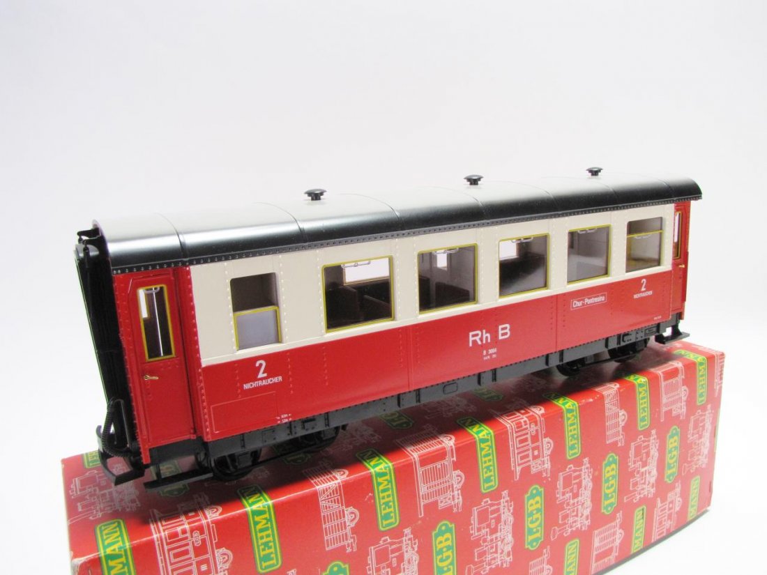 LGB G Scale #3064 Passenger Train Car: LGB G Scale #3064 Passenger Train Car, with "Rh B Chur-Pontresina" on the side of car, measuring 17" long, with original box