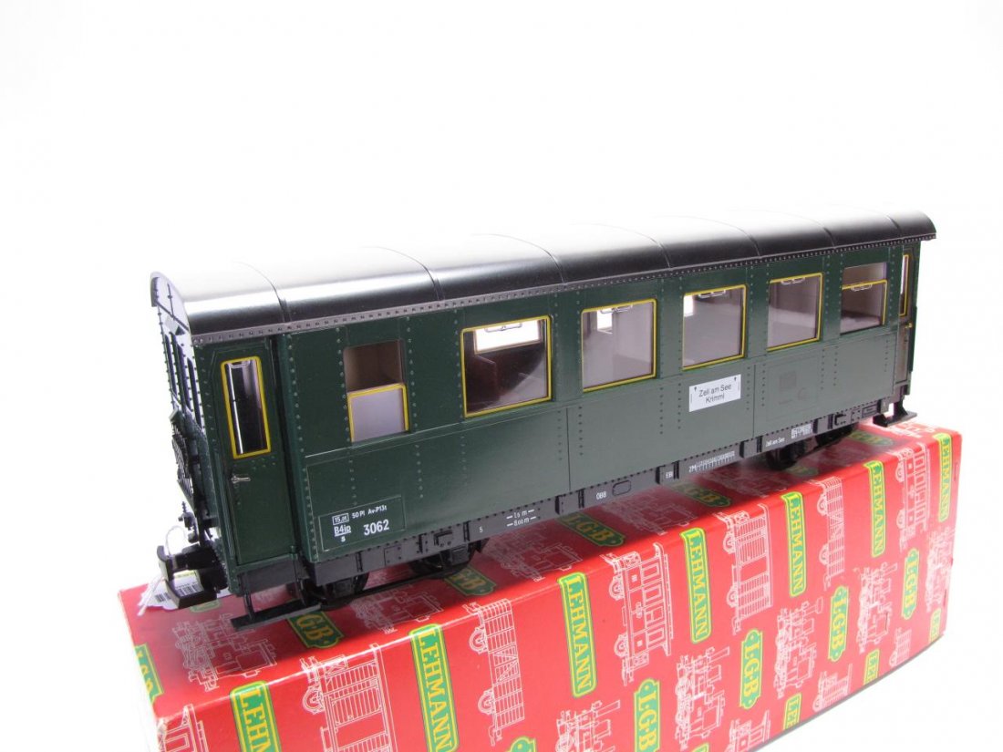 LGB G Scale #3062 Austrian Federal Railways Coach: LGB G Scale #3062 Austrian Federal Railways Coach, depicting passenger car with plastic trucks, latch couplers, furnished interior, opening side doors, plastic wheels and axle, measuring 17 inches lon