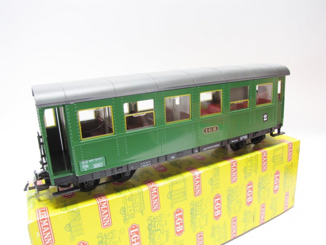 LGB G Scale #3062 Austrian Federal Railways Coach: LGB G Scale #3062 Austrian Federal Railways Coach, depicting passenger car with plastic trucks, latch couplers, furnished interior, opening side doors, plastic wheels and axle, measuring 17 inches lon