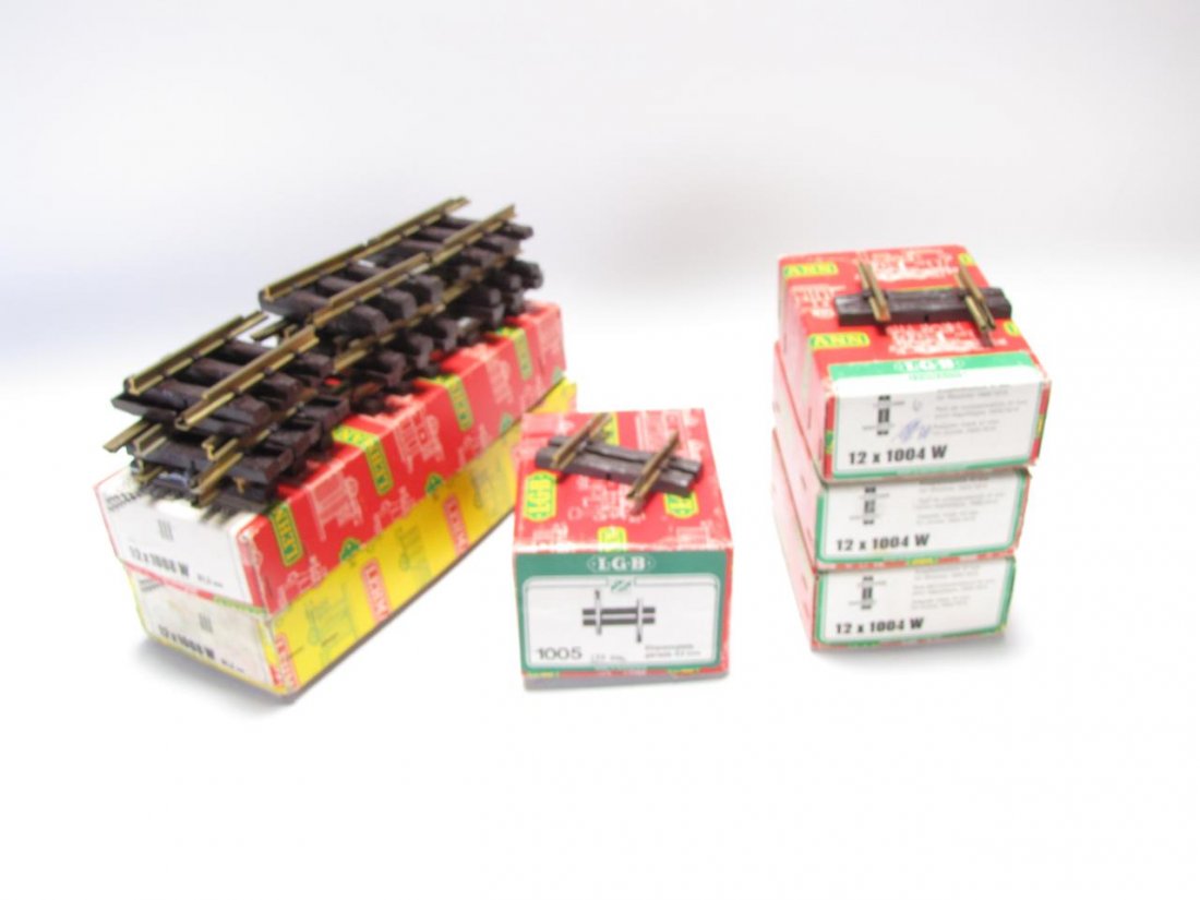 Group of LGB G Scale Adapter Track: Group of LGB G Scale Adapter Track, including #1008W, 15 total, #1005, 9 total in original box, #1008W, 24 total, two full sets of 12 in original boxes, #1004W, 29 total in three original boxes