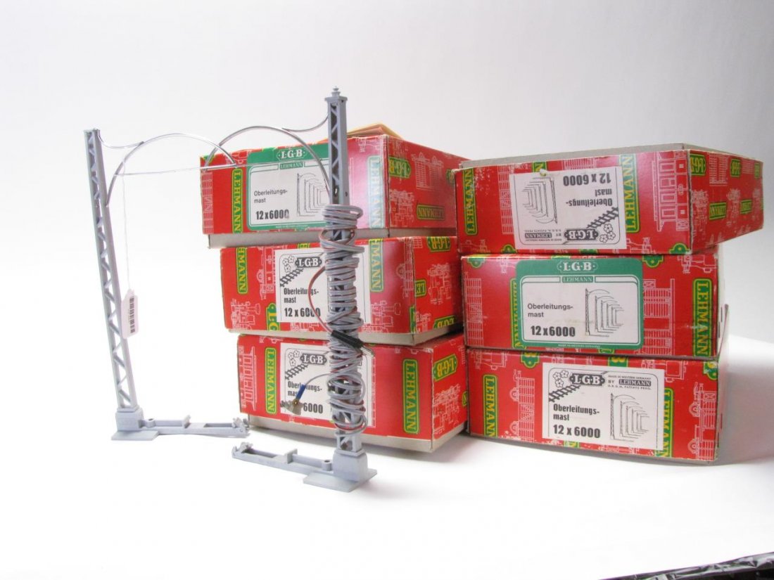 (63) LGB G Scale Catenary Top-Line Masts & Wire: (63) LGB G Scale Catenary Top-Line Masts and Wire, #6000, five boxes with (12) masts each, one box with (3) masts, with approximately 115 pieces total of #6009, #6010 and #6011 catenary wire