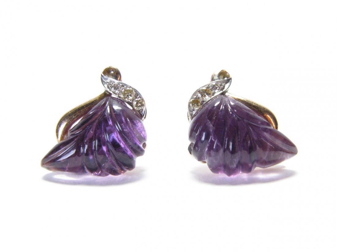 14K Yellow Gold Carved Amethyst, Diamond Earrings (1 of 1)