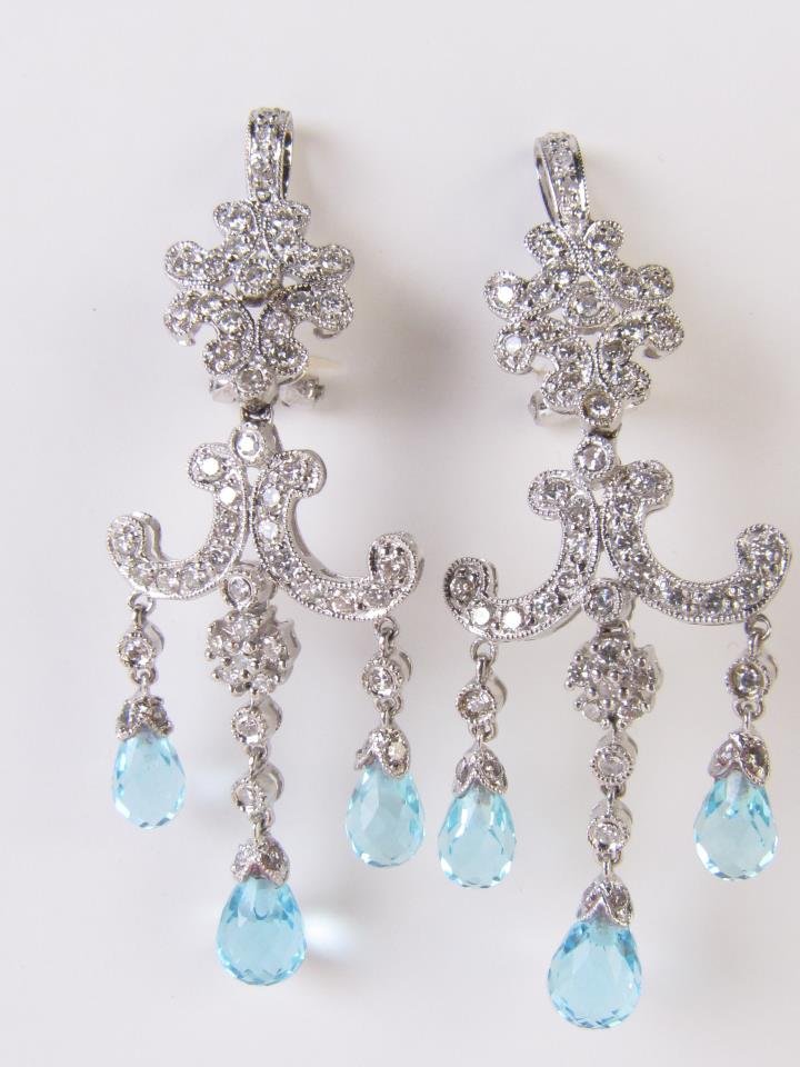 14K Gold Blue Topaz, Diamond Chandelier Earrings (1 of 1)