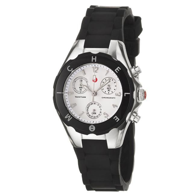 Michele Tahitian Jelly Bean Watch, Black: Michele Tahitian Jelly Bean wristwatch, from the Tahitian Jelly Beans collection, marked MWW12D000002, 36 mm, features black fixed bezel, chronograph function, black silicon strap and stainless steel 