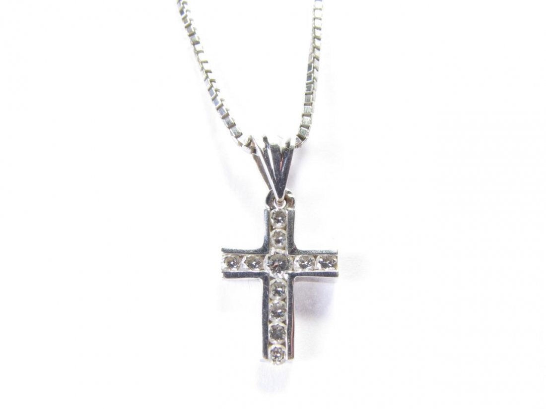 14K White Gold Diamond Cross Pendant, Chain (1 of 3)