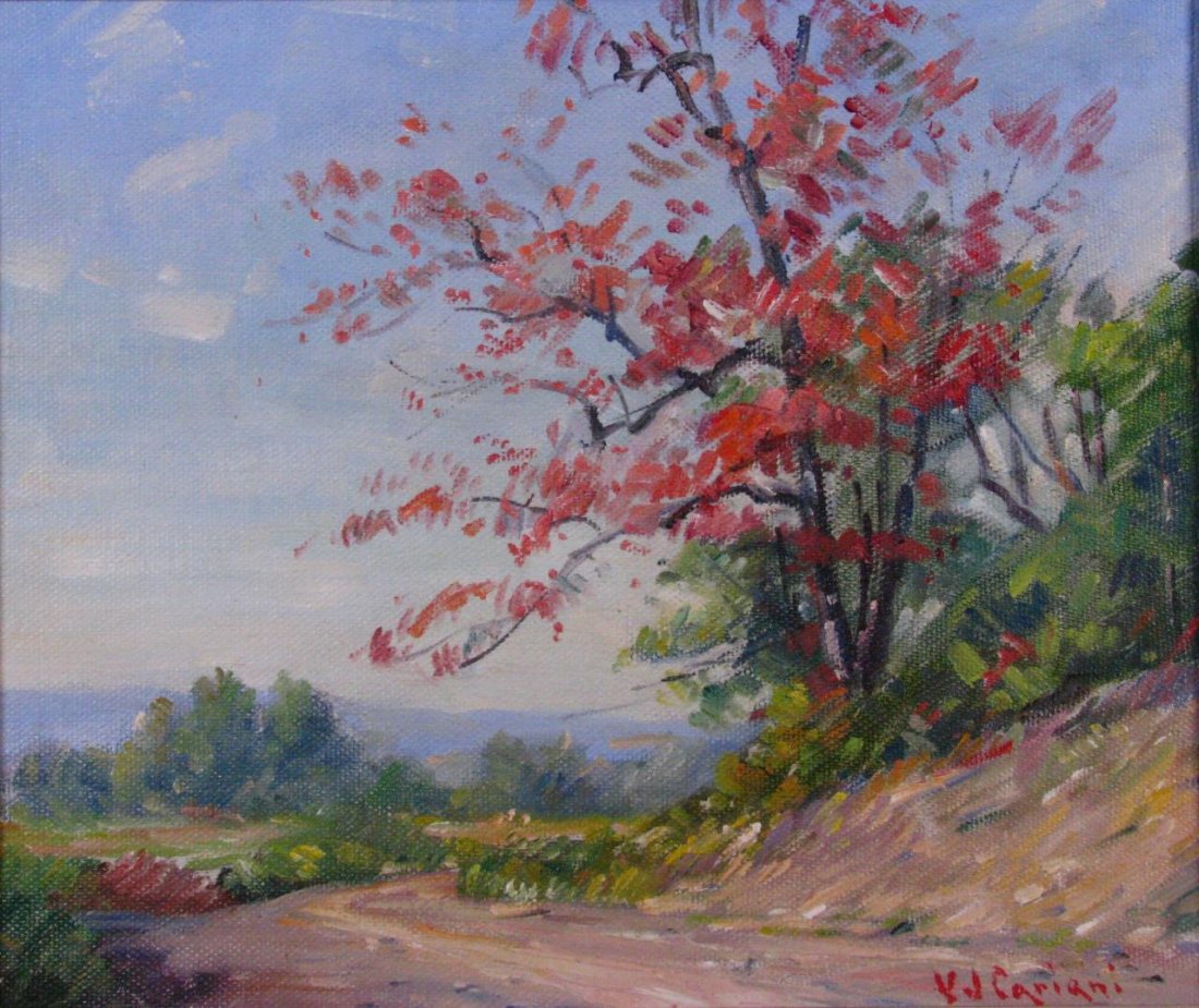 Varaldo G Cariani 12x14 O/B "The Red Gum": Varaldo G Cariani (IN, 1891-1969) 12x14 , O/B , signed lower right , "The Red Gum" , Depicting early autumn landscape