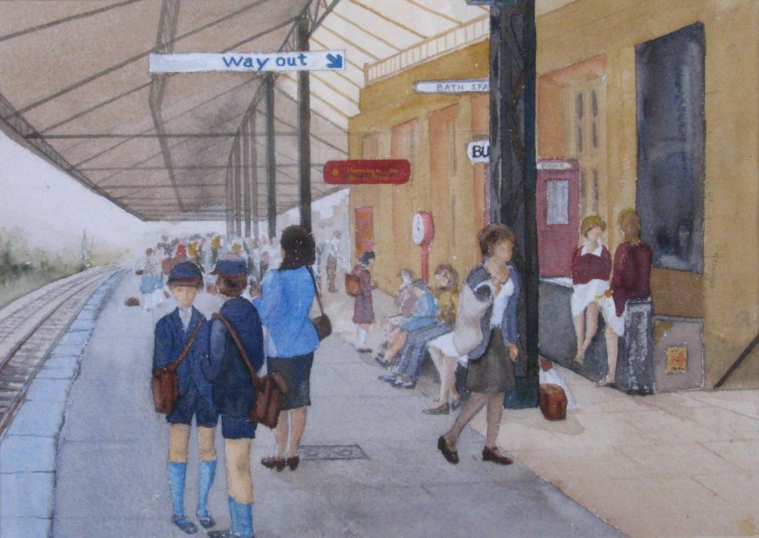 John E Doddridge 10x14 WC "Young Commuters": John E Doddridge 10x14 , WC , signed lower left , "Young Commuters" , Depicting Station in Bath, England , Exhibited 79th Richmond Art Ass'n Exhibition , Inscribed September 1977