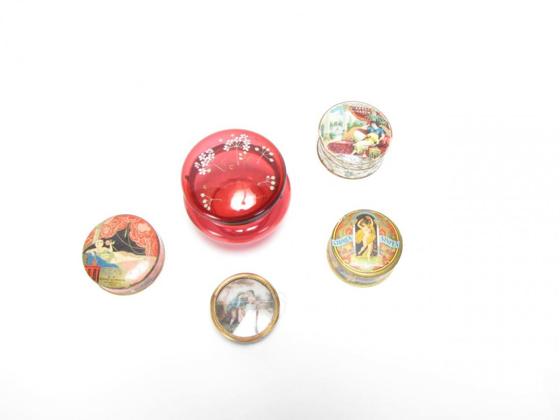 Group of Antique Dresser and Powder Boxes: Group of Antique Dresser and Powder Boxes, tortoise shell dresser box with porcelain hand painted lid depicting romance scene, gold filled edge; four powder boxes including: Cipria Ninfea Powder, insi