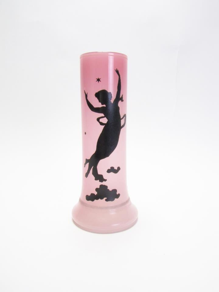 Pierre Schneider Opaline Veritable Vase: Pierre Schneider Opaline Veritable Vase, pink vase with ascending angel decoration, ground pontil, label on side reads "Pierre Schneider, Paris", 11.75" high