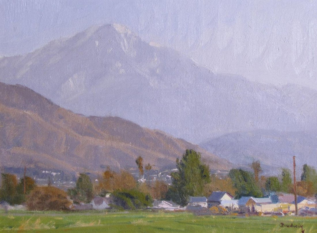 John Budicin 9x12 O/C/B "Misty Afternoon": John Budicin (CA, b 1944) 9x12 , O/C/B , signed lower right , "Misty Afternoon" , Depicting village at base of mountain