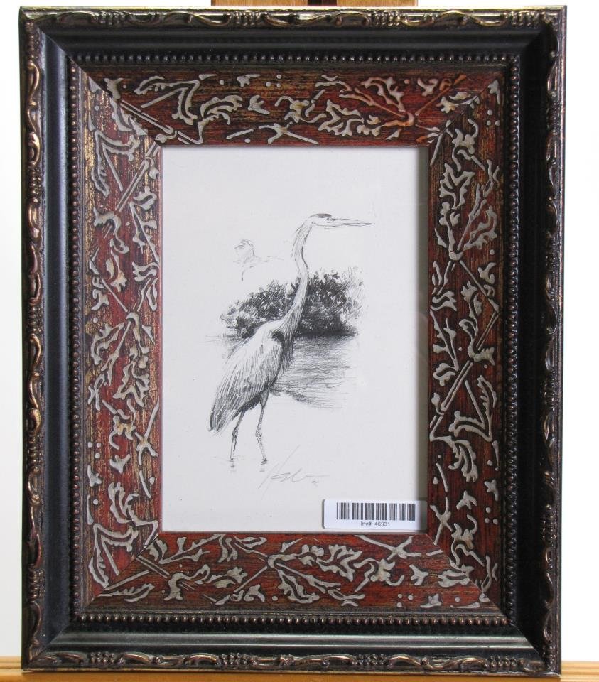 Bruce Neckar 7x5 Graphite Blue Heron: Bruce Neckar (IN, Active) 7x5 , Graphite , signed lower middle , Blue Heron , Depicting bird in landscape