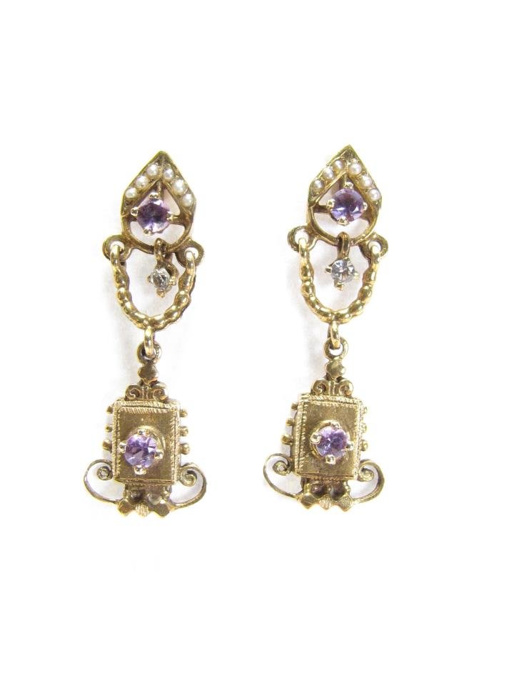 Pair Antique 14K Amethyst, Pearl, Diamond Earrings (1 of 1)