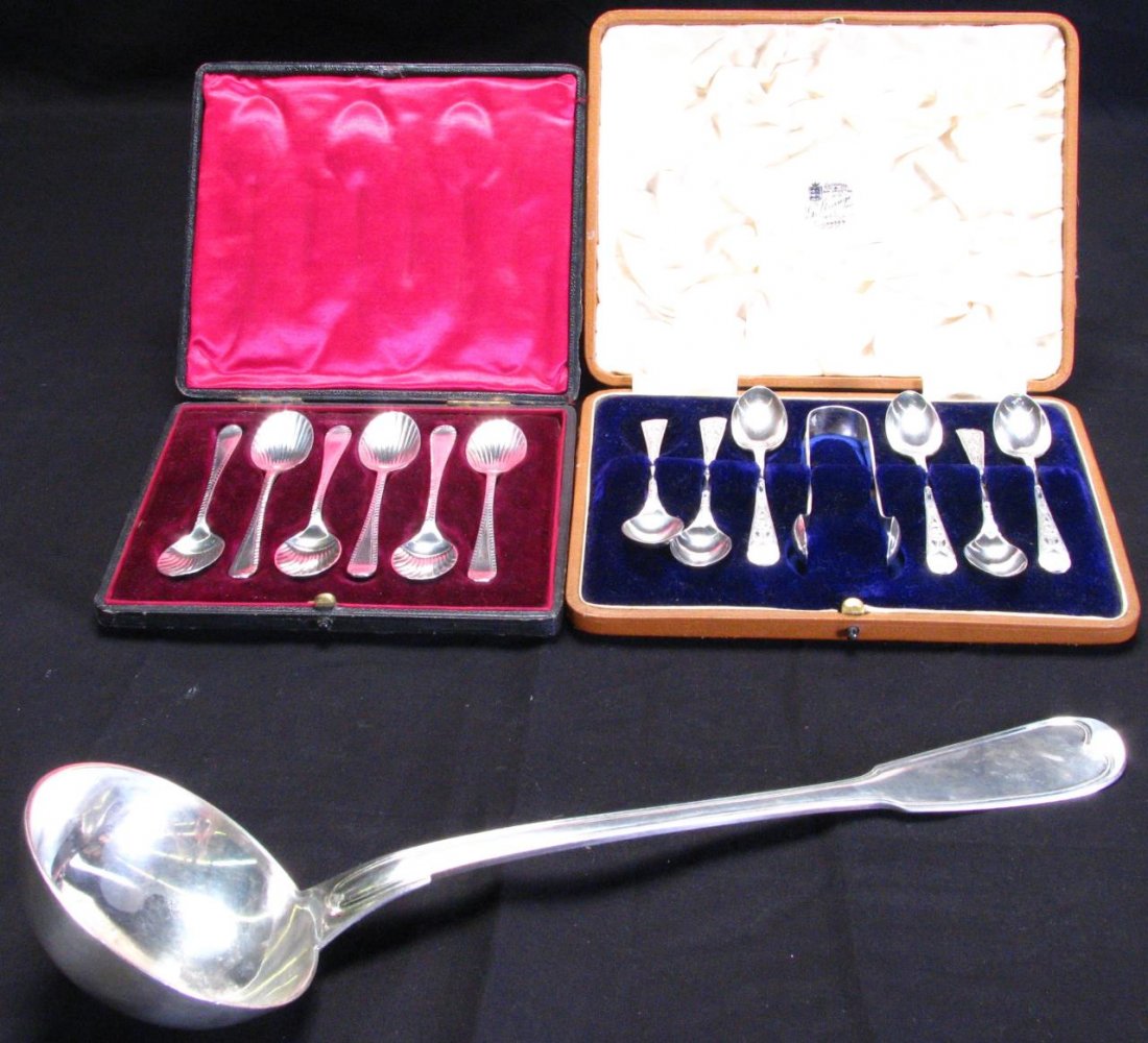 Group of Sterling and Silverplate: Group of Sterling and Silverplate including: large antique French Silver Ladle, hallmark c. 1838, mythical bird decorated handle; cased set of sterling sugar shell spoons, marked "W Hutton and Sons, L