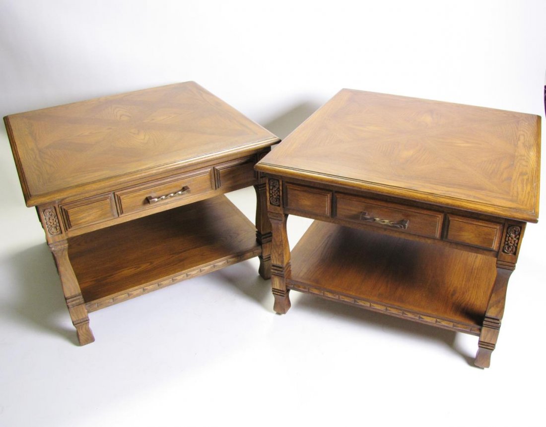 Pair of Romweber Viking Oak End Tables: A Pair of Romweber Viking Oak end tables, with one drawer, rosette carvings, with parquet top, model R14740, 30 x 30 x 23