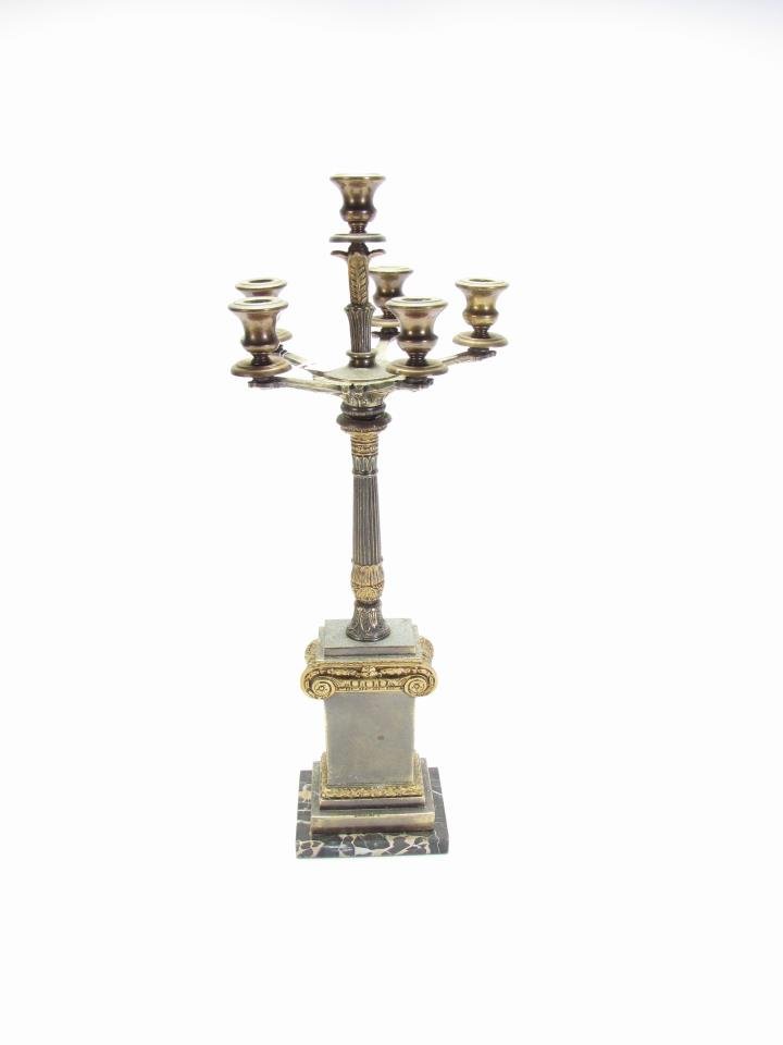Vintage Frederick Cooper Candelabra: Vintage Frederick Cooper Candelabra, six light bronze and marble, column and floral decoration, nice patina, black and cream marble base, Frederick Cooper label on bottom, 26' tall