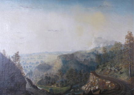 Alphonse Legros 30x42 O/C Panoramic Landscape: Alphonse Legros (France, UK 1837 - 1911) 30x42 , O/C , signed lower right, 1893 , Panoramic Landscape , Depicting train track, cottage , Inscribed personalized verso to Wm Adair, 1893 Condition: previ