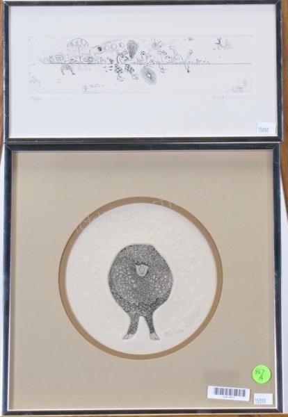 Two Artist-Signed Framed Etchings: Two framed etchings, including sheep with man face, by Don Gilbert, on embossed paper, #30/75, 11.5x11.5 as framed; and Ronald Markman (IL/IN, b1931) engraving depicting wacky stuff, #46/250, 6x12 as