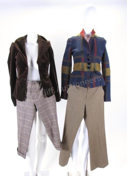 Two Etro Suits: Lot of two Etro suits: 1. Navy, yellow, red and green plaid wool blend blazer with tab style collar, three blue "jewel" buttons and two faux flap front pockets. Includes pair of brown wool zip front p