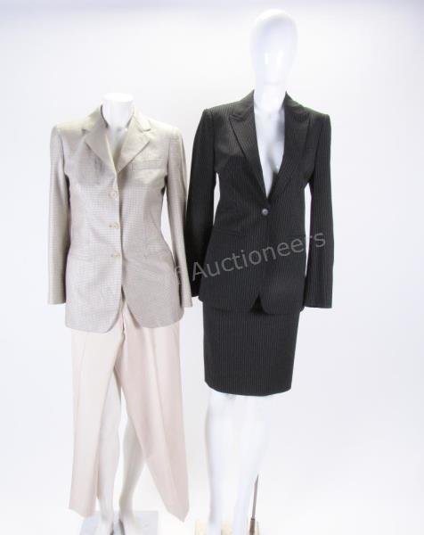 Two Giorgio Armani Classico Suits: Lot of two Giorgio Armani Classico suits: 1. Tan cashmere hounds tooth blazer with three buttons down front and faux pockets and tan pleat front trousers with two slant pockets and zip front. 2. Black