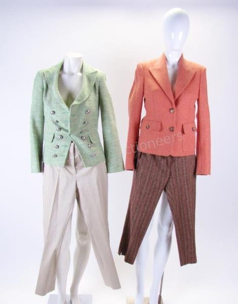 Four Designer Items: Etro, Kors, Prada: Lot of four designer pieces: 1. Etro green, blue and white cotton blazer with twelve silver buttons on front. Two faux flap pockets. Size 38 2. Michael Kors orange herringbone style wool blazer with t