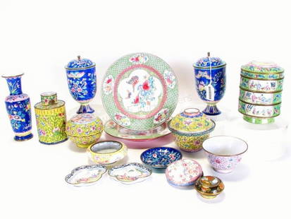 Large Group of Antique Chinese Enamelware: Large Group of Antique Chinese Enamelware, 16 pieces including: two bowls, two small trays, cup, pair of lidded jars, two dishes, three lidded jars, four section container, two lidded dishes, vase, de