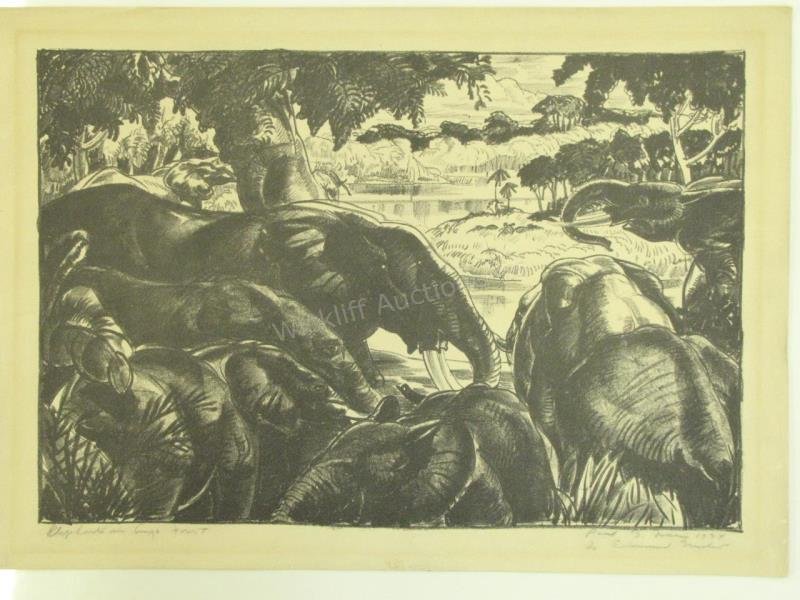 Paul B Travis, "Elephants in Congo..." Lithograph (1 of 3)