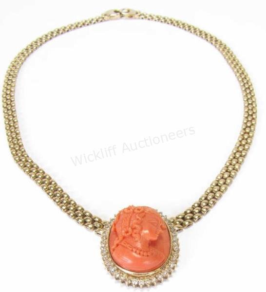 14K Yellow Gold Coral Cameo and Diamond Necklace (1 of 4)