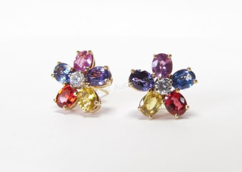 18K Yellow Gold Multi-Colored Sapphire Earrings: A pair of 18K yellow gold floral motif earrings with red, pink, purple, blue, white and yellow sapphires, 2.6dwt, .50" diameter