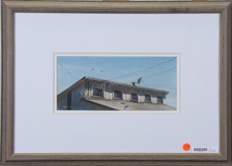 Tim Liess 5.5x12 WC "Building with Birds": Tim Liess (IN, XXXX-2009) 5.5x12 , WC , SLL , "Building with Birds" , Depicting rooftop with sparrows Provenance: previously purchased for $600 in '89 Condition: paper has slipped the mat size as fram