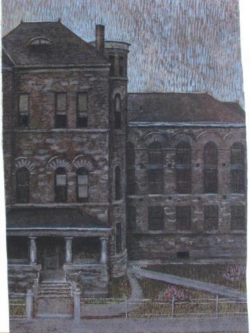 Harry A Davis 21x14.5 Acry/P "Marion County Jail": Harry A Davis (IN, 1914-2006) 21x14.5 , Acry/P , unsigned , "Marion County Jail" , Depicting former jail in Indianapolis, IN , Inscribed estate stamp verso, ca1964 Provenance: estate of the artist Con