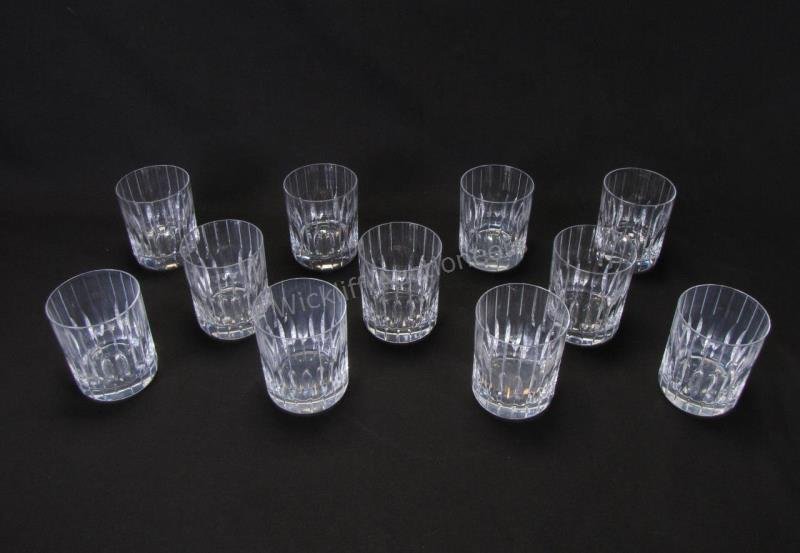 Set of Crystal Rocks Glasses: Set of Crystal Rocks Glasses, eleven total, cut vertical line pattern, unsigned, 4" tall