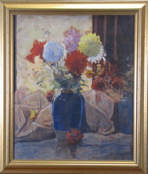 Wm J Forsyth 23x19 WC/Gouache Still Life, Dahlias: Wm J Forsyth (IN, 1854-1935) 23x19 , WC/Gouache , signed lower right, 1927 , Still Life, Dahlias Provenance: With letter of authenticity, signed by Constance Forsyth, daughter of the artist; from arti