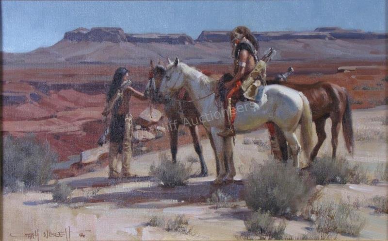 Gary Niblett 14x22 O/C "The Canyon Overlook": Gary Niblett (NM/CA, b 1943) 14x22 , O/C , signed lower left , "The Canyon Overlook" , Depicting Native Americans on Horseback , Inscribed gallery tag attached verso Provenance: with C of A from Nedra
