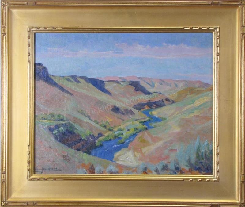 Emil Jacques 16x20 O/C/B Western River Valley: Emil Jacques (IN/MI/CA,1874-1937) 16x20 , O/C/B , signed lower left , Western River Valley , Depicting river through mountain terrain Condition: presented in carved, gilded frame