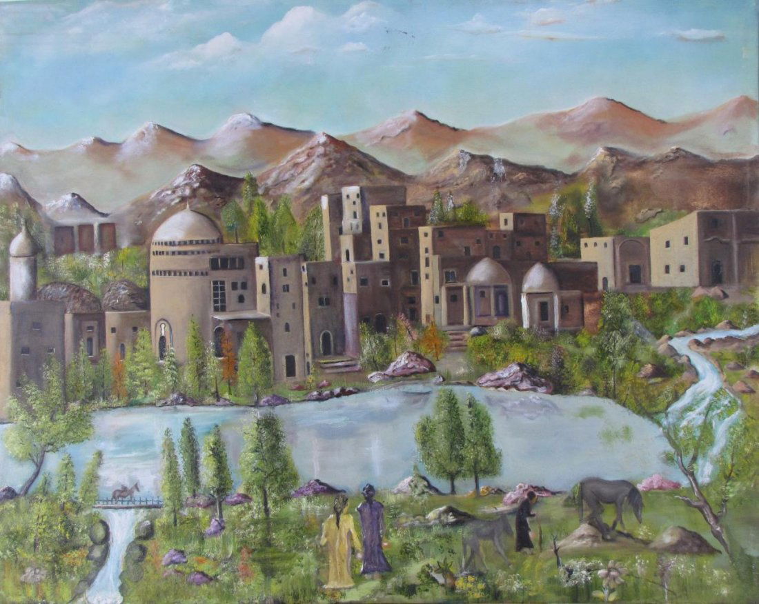 L. Zarei 44x55 O/Fabric Iranian Village, Figures (1 of 1)