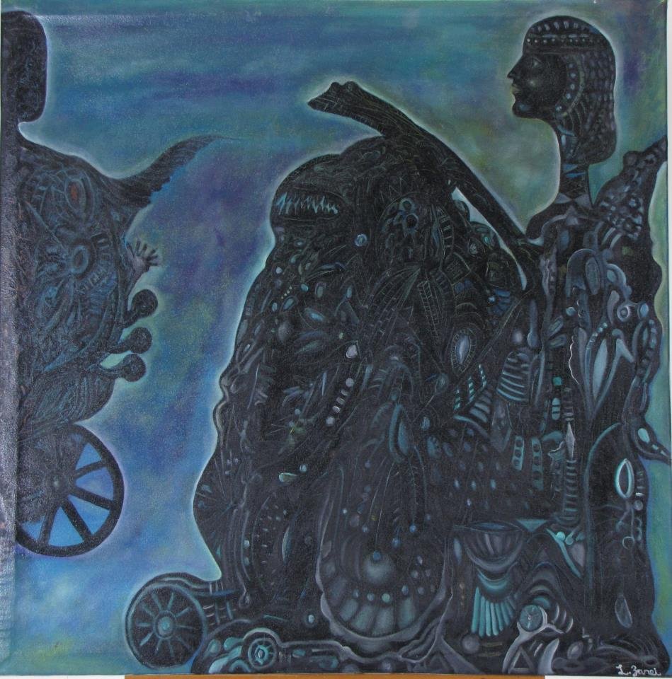 L. Zarei 39x39 O/Fabric Dark Figures (1 of 2)