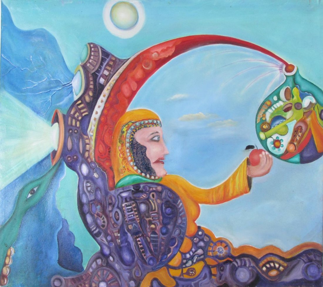 L. Zarei 40X45 O/Fabric Cosmic Gift: L. Zarei (Iran/IL,1958-XXXX) 40X45 , O/Fabric , unsigned , Cosmic Gift , Depicting female figure gifting apple to alien unframed