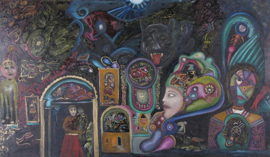 L. Zarei 26.5x45.5 O/Fabric Mother, Child in Door (1 of 1)