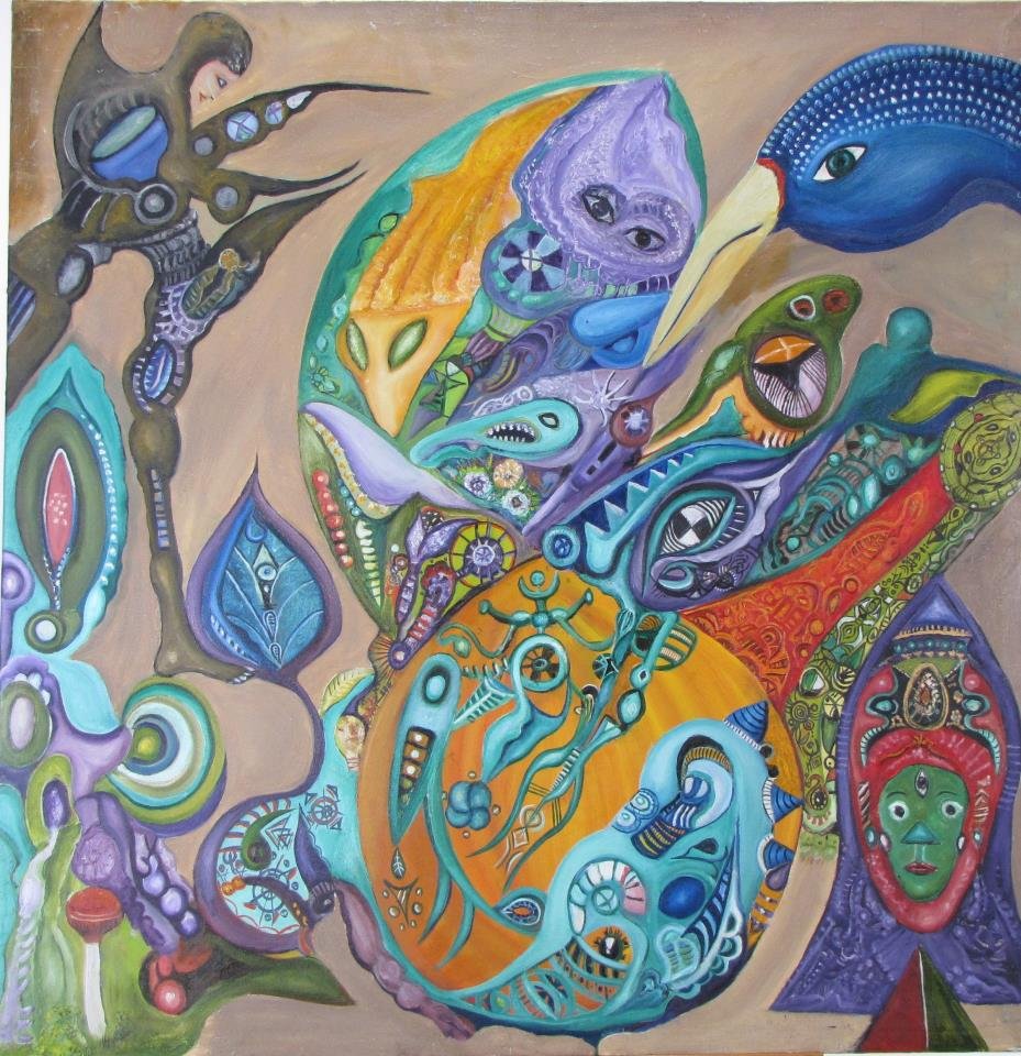 L. Zarei 43x42 O/Fabric Figure with Head Dress: L. Zarei (Iran/IL, 1958-XXXX) 43x42 , O/Fabric , unsigned , Figure with Head Dress , Depicting Figures with head dress and armor unframed