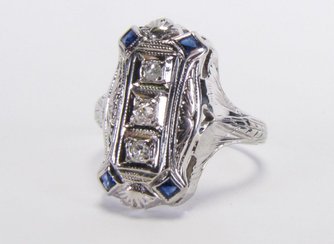 18K WG Vintage Three Stone Diamond, Sapphire Ring (1 of 4)