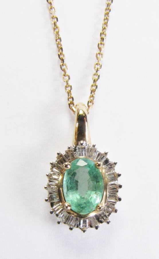14K Yellow Gold Emerald, Diamond Pendant, Chain (1 of 2)