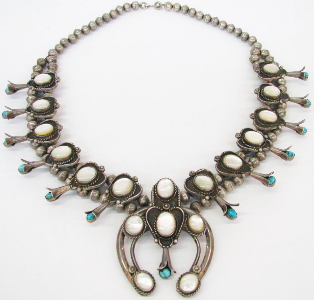 Silver Mother-of-Pearl, Turquoise Squash Blossom (1 of 2)